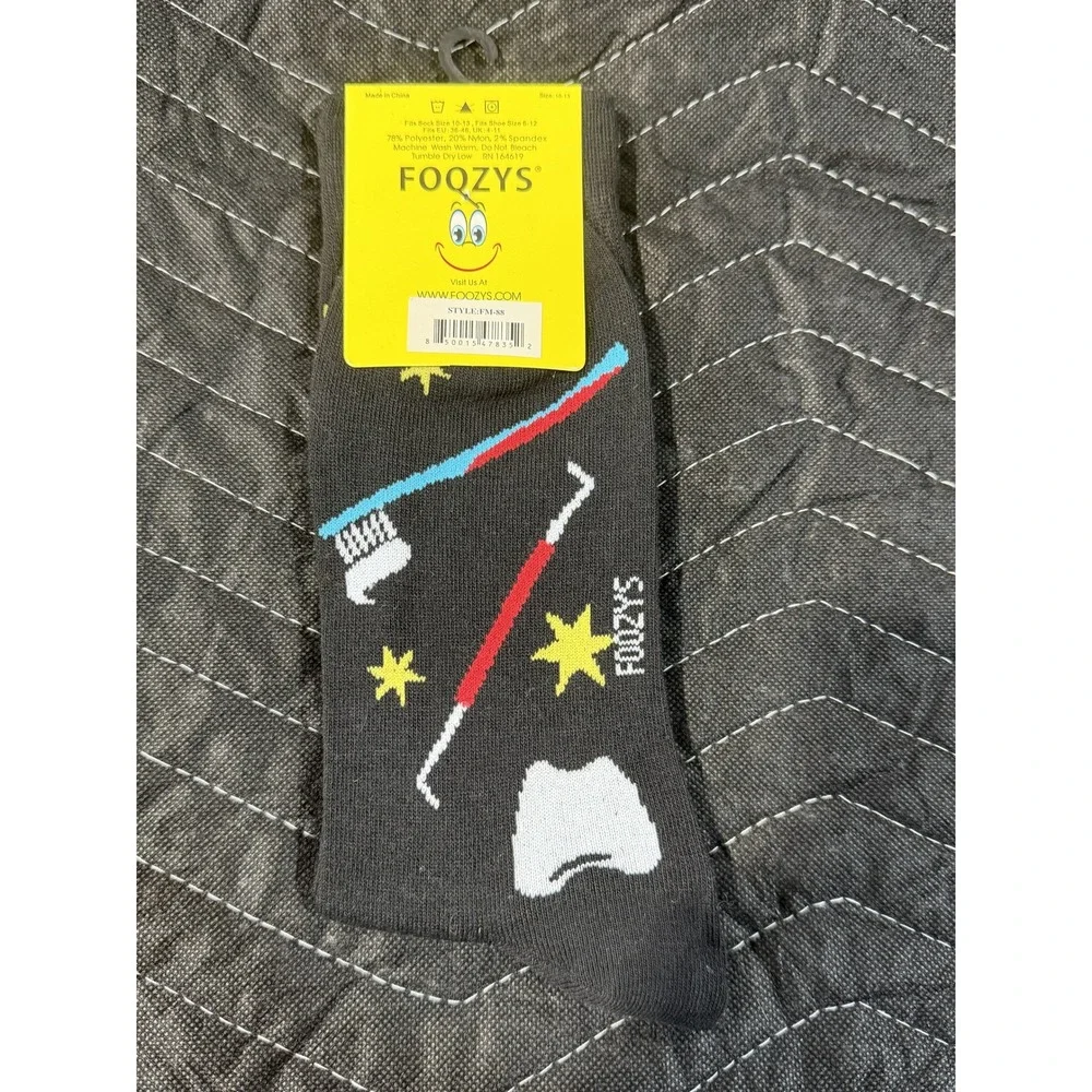 Foozys Dental Socks Men 10-13 Black NWT Toothbrush Toothpaste Novelty Crew FM-88